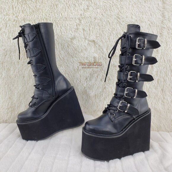 Swing 220 Multi Buckle Black Matte Leatherette Goth Mid-Calf Boot 5.5" Platforms - Picture 3 of 13